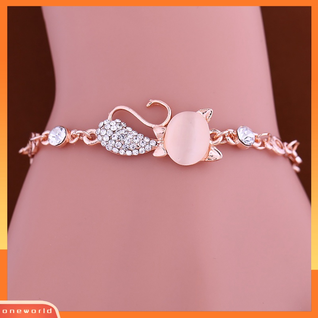 {oneworld} Perhiasan Rantai Gelang Bangle Berlian Imitasi Wanita Ladies Lovely Cat Pendant Opal Untuk Kehidupan Sehari-Hari