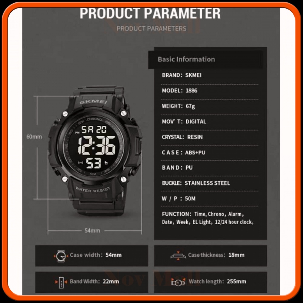 SKMEI Jam Tangan Pria Digital Sport Watch Alarm Waterproof EL Light 1886