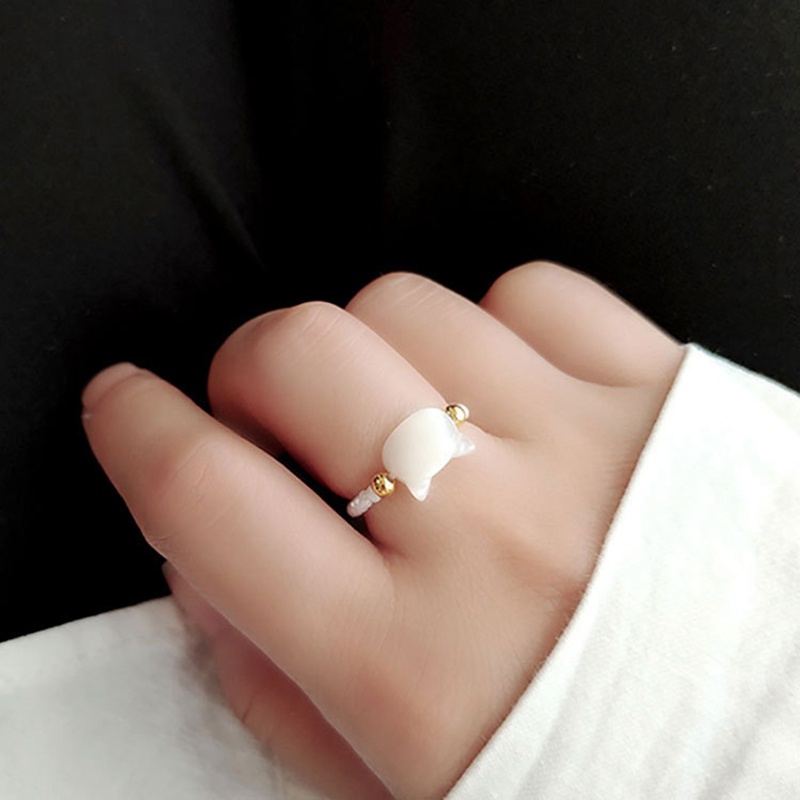 Cincin Vintage Lazy Cat Face Kristal Shell Fashion Gaya Retro Adjustable Tidur Kucing Rings Untuk Wanita Pria