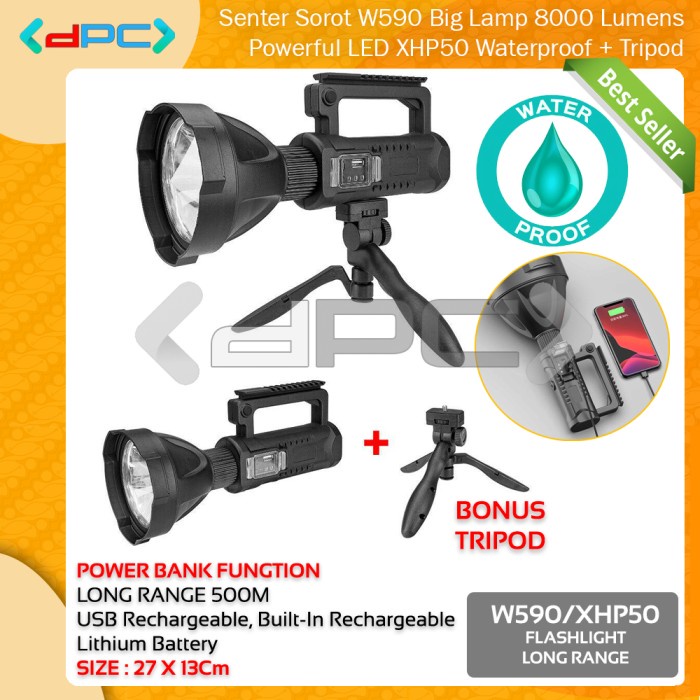 Penerangan Senter W590 Big Lamp 8000 Lumens Powerful Led Xhp50 Waterproof +Tripod