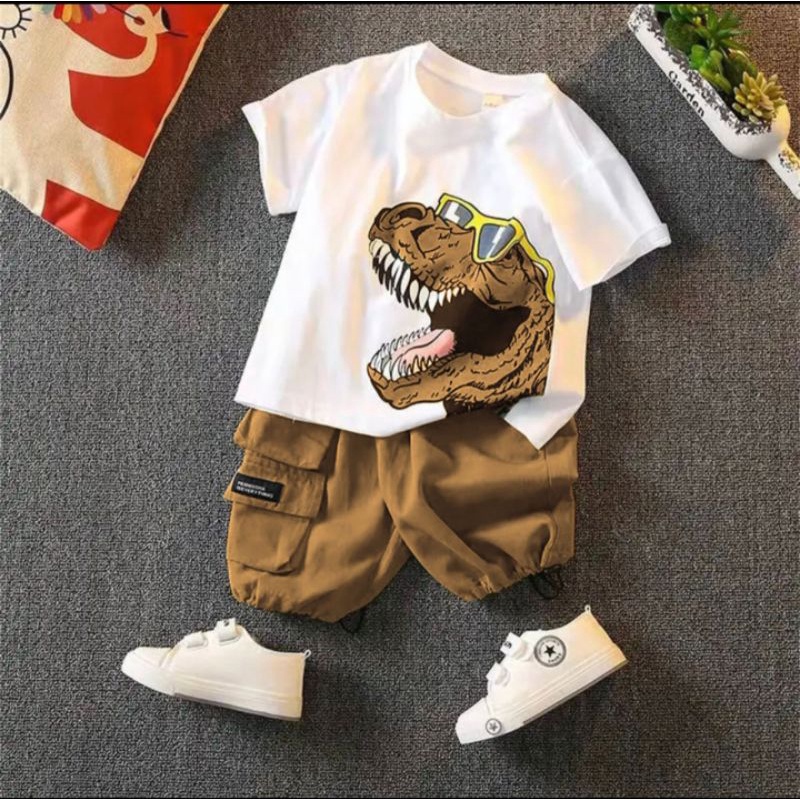 Setelan anak laki lako usia 1 sampai 5 tahun motif T rex terbaru baju anak pakaian anak setelan anak