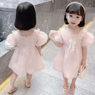 Dress Anak Perempuan Fashion Korean Style - Satin Pink Pita Mutiara Lengan Balon