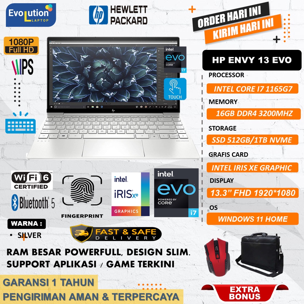 Laptop touchscreen HP Envy 13 Intel core EVO i7 1165G7 - i5 1135G7 Generasi 11 Ram 16GB 512GB ssd 13.3 FHD IPS Backlit Windows 11