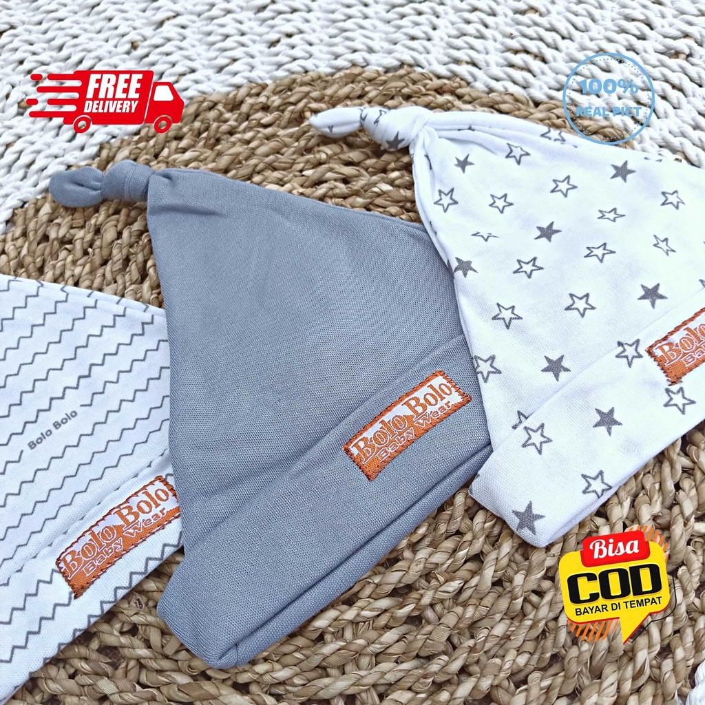 SALE 7.7 Serian Abu - 3 Pcs Topi Kupluk Bayi Baru Lahir Topi Bayi 0 - 3 Bulan GREY SERIES merk SNI Bolo - Bolo