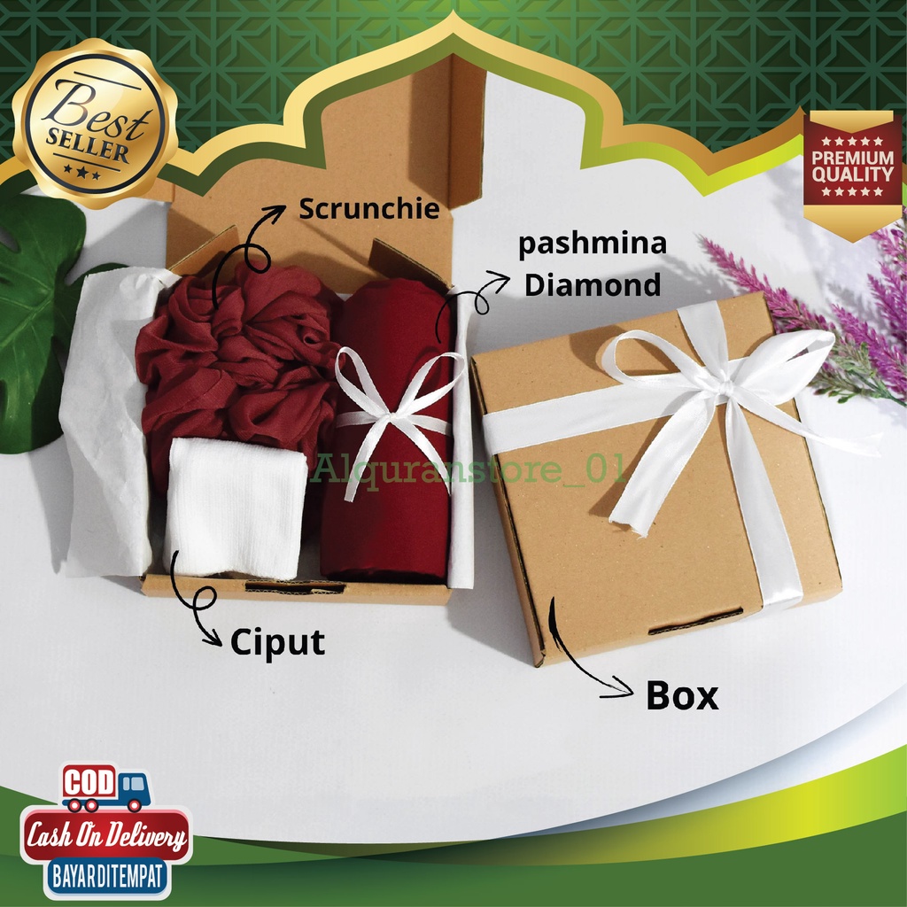 Hampers Unik Pashmina Gift Box Hijab Murah isi Pashmina + Scrunchie + Ciput Rajut + Packing BOX Hamp