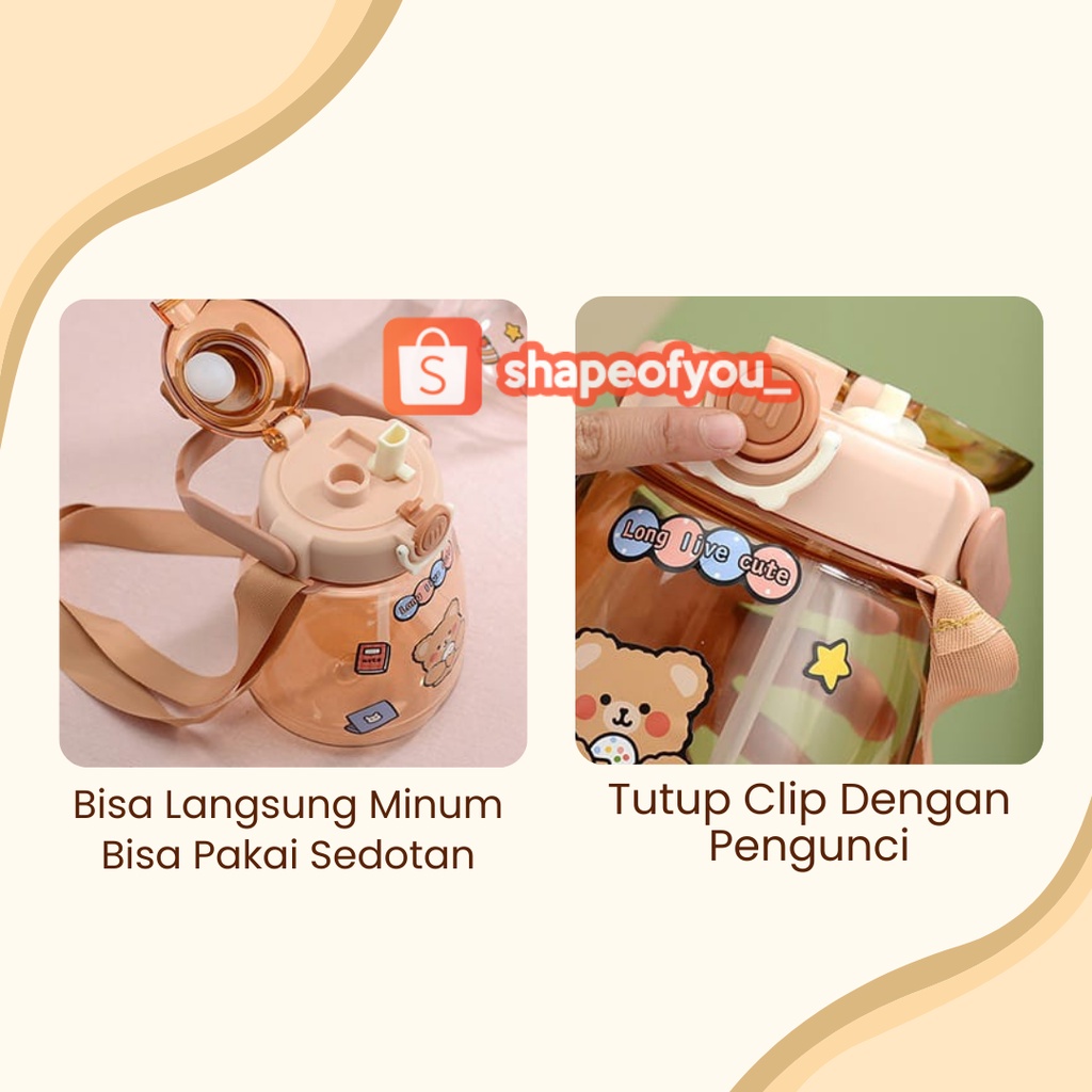 Botol Minum Plastik Gemoy Beruang Kelinci Warna Lucu Sedotan 1,3 Liter Tali Free Sticker