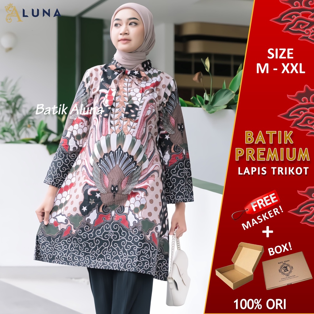 Baju Batik Wanita Tunik Lengan Panjang Katun Lapis Trikot Premium Modern Original Batik Kerja Kantor Kondangan Size M L XL XXL 005