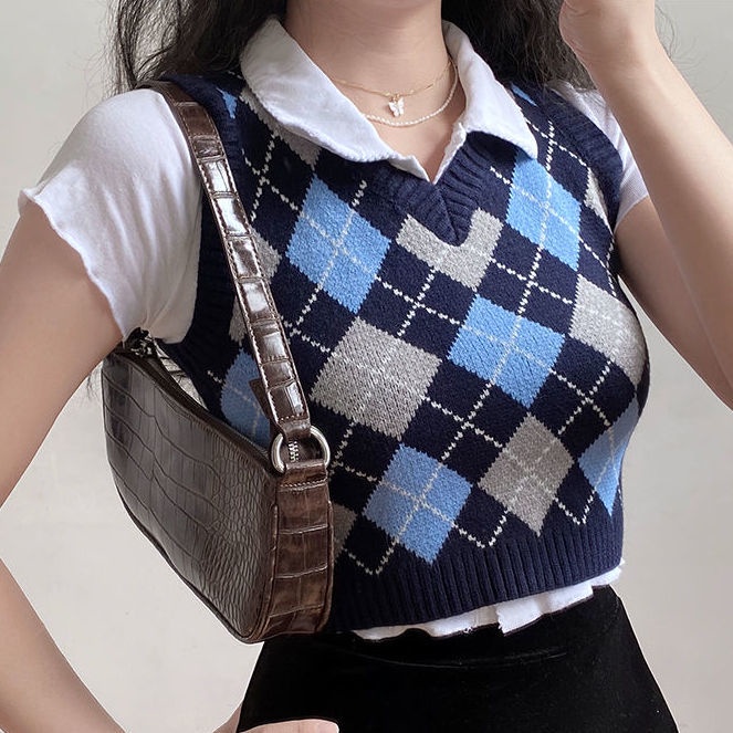 YIU YIU Rajut - Rompi Rajut Crop Preppy Style Crop Tee Motif Kotak