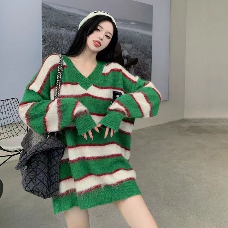 Red Sweater rajut bergaris wanita longgar angin malas pakaian luar all-match musim gugur dan musim dingin baru ramping atasan gaya Korea lengan panjang trendi