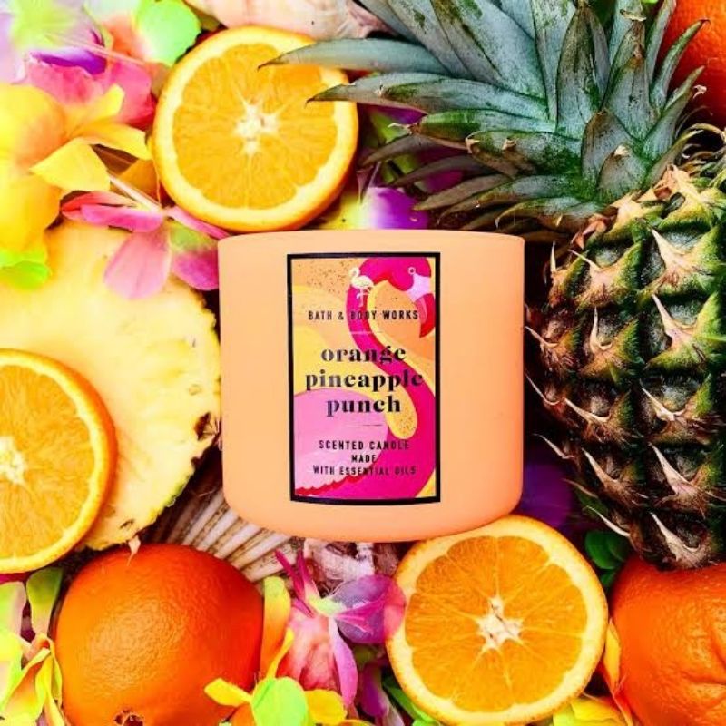 BATH AND BODY WORKS BBW ORANGE PINEAPPLE PUNCH 3 WICK SCENTED CANDLE MADE WITH ESSENTIAL OILS 411 G