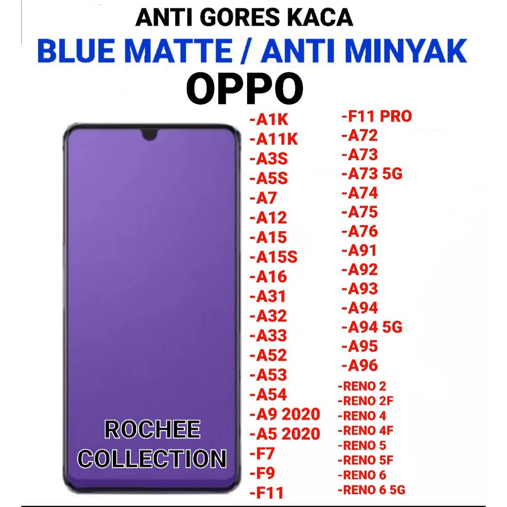 ANTI GORES KACA BLUE MATTE FULL LAYAR OPPO A1K/A11K/A3S/A5S/A7/A12/A15/A15S/A16/A31/A32/A33/A52/A53/A54/A5 2020/ A92020/ F7/F9/F11/F11PRO/A71/A72/A73/A74/A75/A76/A91/A92/A93/A94/A95/A96/ RENO2/ RENO 2F/ RENO 4/ RENO 4F/ RENO 5/ RENO 5F/ RENO 6/ RENO 6 5G