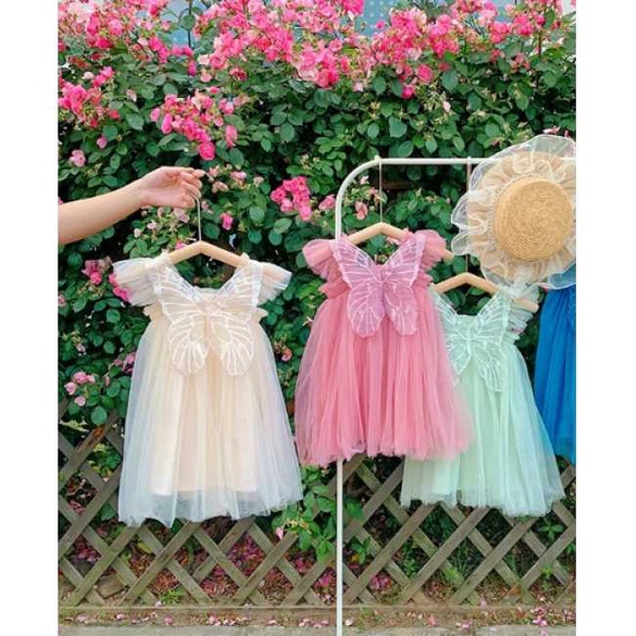 Dress Anak Motif Sayap Kupu-kupu Warna Hijau Mint Cream Pink Gaun Anak