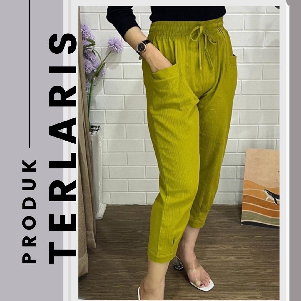 CELANA BAGGY PANTS CELANA WANITA GANTUNG DIATAS MATA KAKI KAIN LINEN CRINGKEL PREMIUM ADEM TEBAL