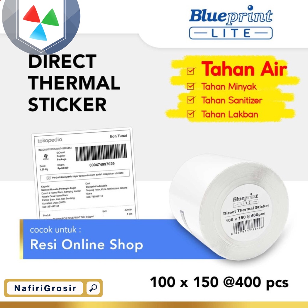 

KERTAS STIKER BLUEPRINT 100X150 ISI 400PCS CETAK RESI LABEL THERMAL A6