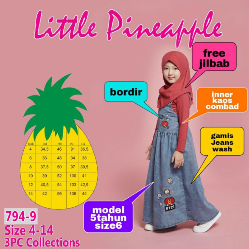 (LP. 794-9) LITTLE PINEAPPLE OVERALL JEANS + INNER + FREE JILBAB No.4-14 ( 4-9 th )