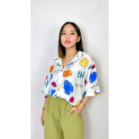 BEFAST - ZRX OOTD KEMEJA SELLA / SHIRT SMILE LENGAN PENDEK / Outfit Hangout Wanita Remaja ABG / Fahion Kekinian Wanita / Atasan Wanita Lengan Pendek / Hem Motif Lucu Terbaru / Pakaian Casual Wanita Trend