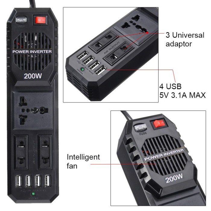 Car Power Inverter MSW 200W DC12V to AC220V 3 AC Sockets &amp; 4 USB Ports E8981