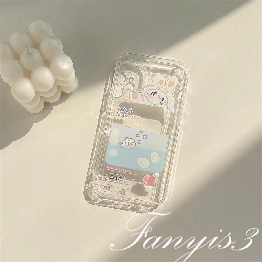 Compatible For IPhone 14 13 12 11 Pro Max X XR Xs Max 8 7 Plus SE 2020 Kompatibel Untuk Cute Rabbit Cat Fish Card Holder Phone Case Bening TPU Lembut Sarung Pelindung