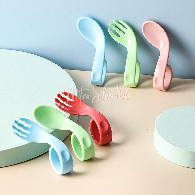SENDOK GARPU SET BAYI SENDOK GARPU MELENGKUNG SENDOK GARPU BALITA SENDOK GARPU SET BAYI ANTI SLIP SENDOK GARPU SET ANAK