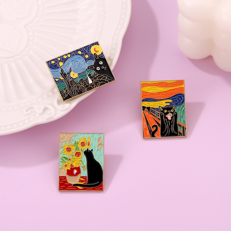Kartun Kucing Cat Minyak Kerah Pin Bunga Matahari Bros Van Gogh Seri Lencana Hadiah Untuk Teman Aksesoris Pakaian Perhiasan