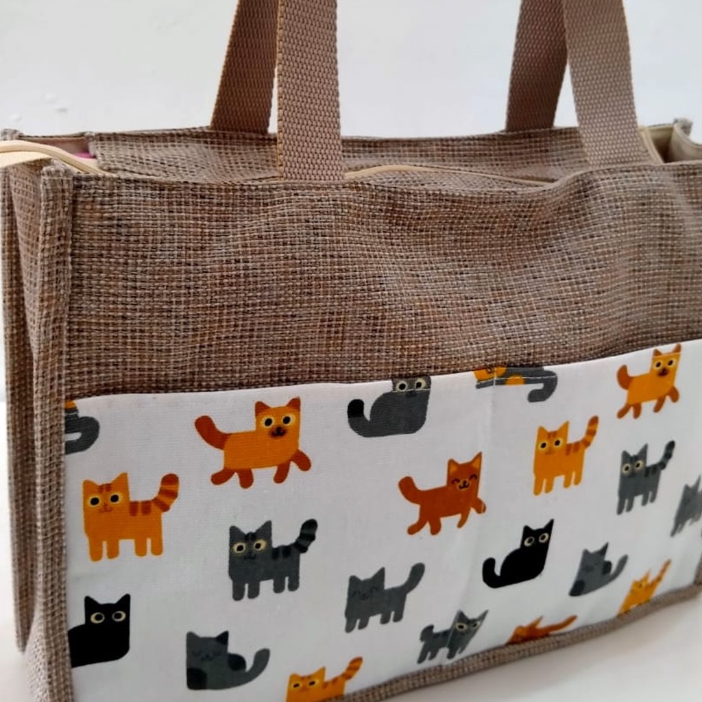 TAS KANVAS TAS GONI SINTETIS KOMBINASI KANVAS MOTIF KUCING PUTIH. RIENS COLLECTIONS