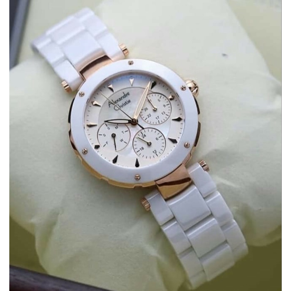 Alexandre Christie Ac 2807 Rosegold White / Black Ceramic Jam Tangan Wanita Original
