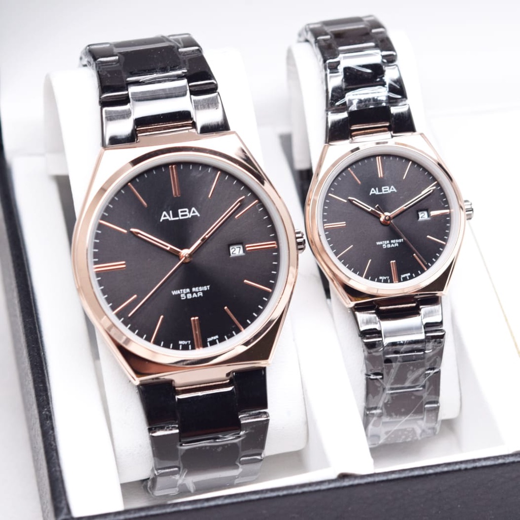 BEST SELLER JAM TANGAN COUPLE ALBA R140 TALI RANTAI TANGGAL AKTIF DM 4.3 &amp; 3.3 FREE BOX &amp; BATERAI || JAM TANGAN FASHION COUPLE JAM TANGAN CEWEK COWOKMURAH