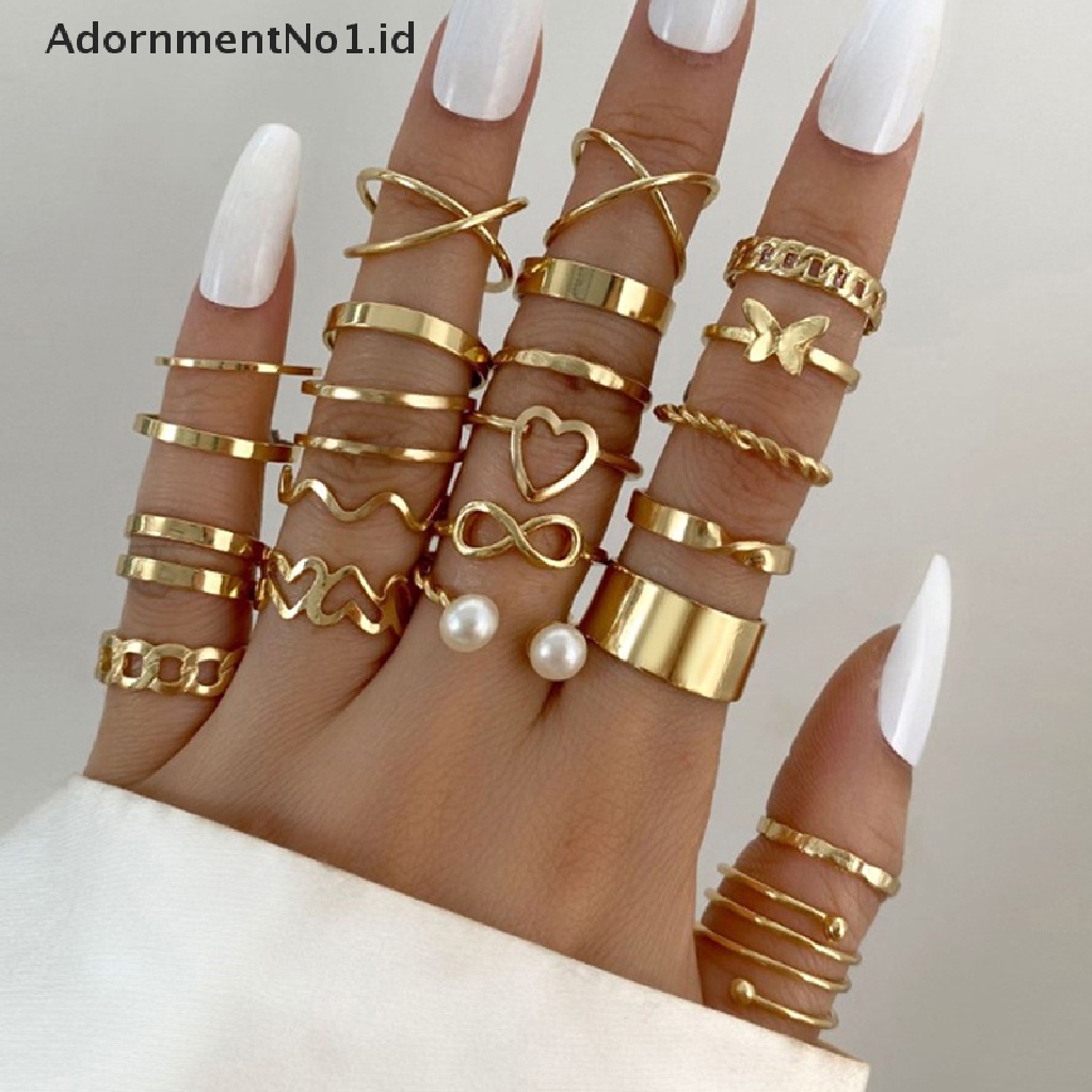 [AdornmentNo1] 22pcs Set Vintage Hollow Hati Butterfly Rings Set Untuk Wanita Metal Warna Silver Geometris Bentuk Spiral Ring rendy Jewelry [ID]