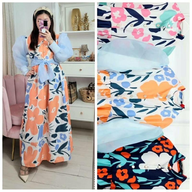 MJW8841 / DRESS MEIJIEWANG / MIX ORGANZA / GAMIS / DRESS TANGAN BALON / GAMIS BUNGA /