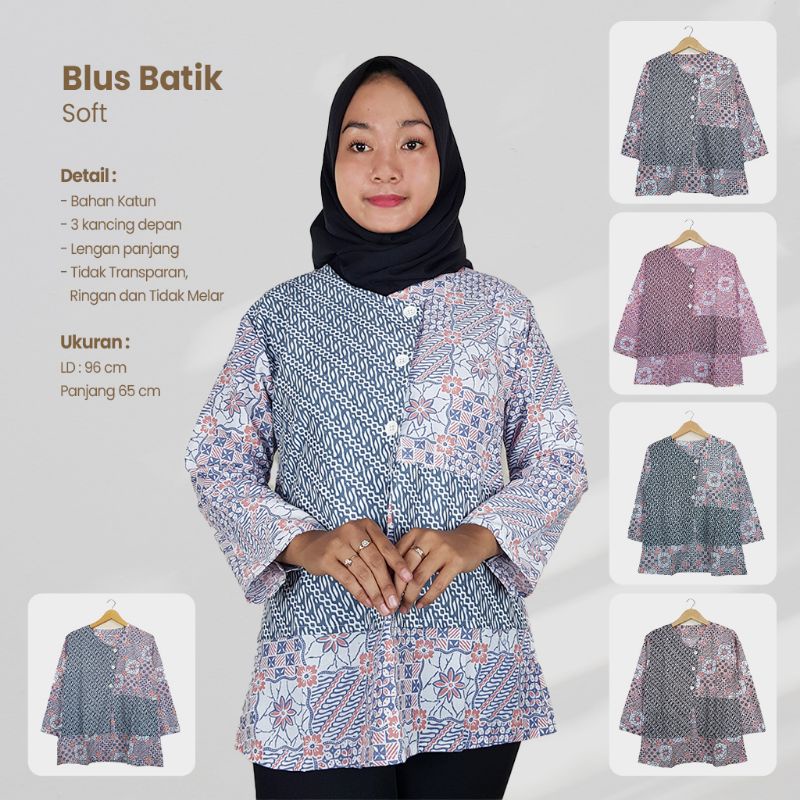 Blus Batik Wanita Motif Kombinasi Lengan Panjang- Naira Batik