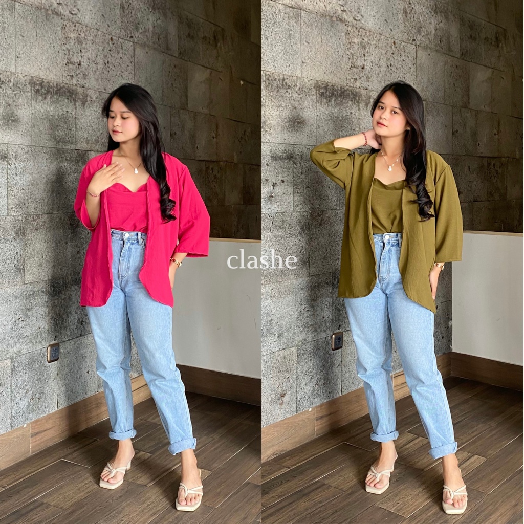 One Set Setelan Cardigan Lengan Panjang Dan Tanktop Wanita Kekinian Korean Style Ootd Terbaru Crinkle Airflow Anti Lecek Maia Top by Clashe