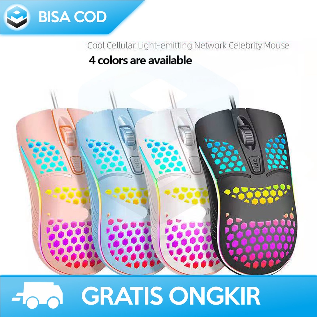 MOUSE KABEL HONEYCOMB DESAIN COLORFUL OPTICAL MOUSE GAME 4D LED RGB