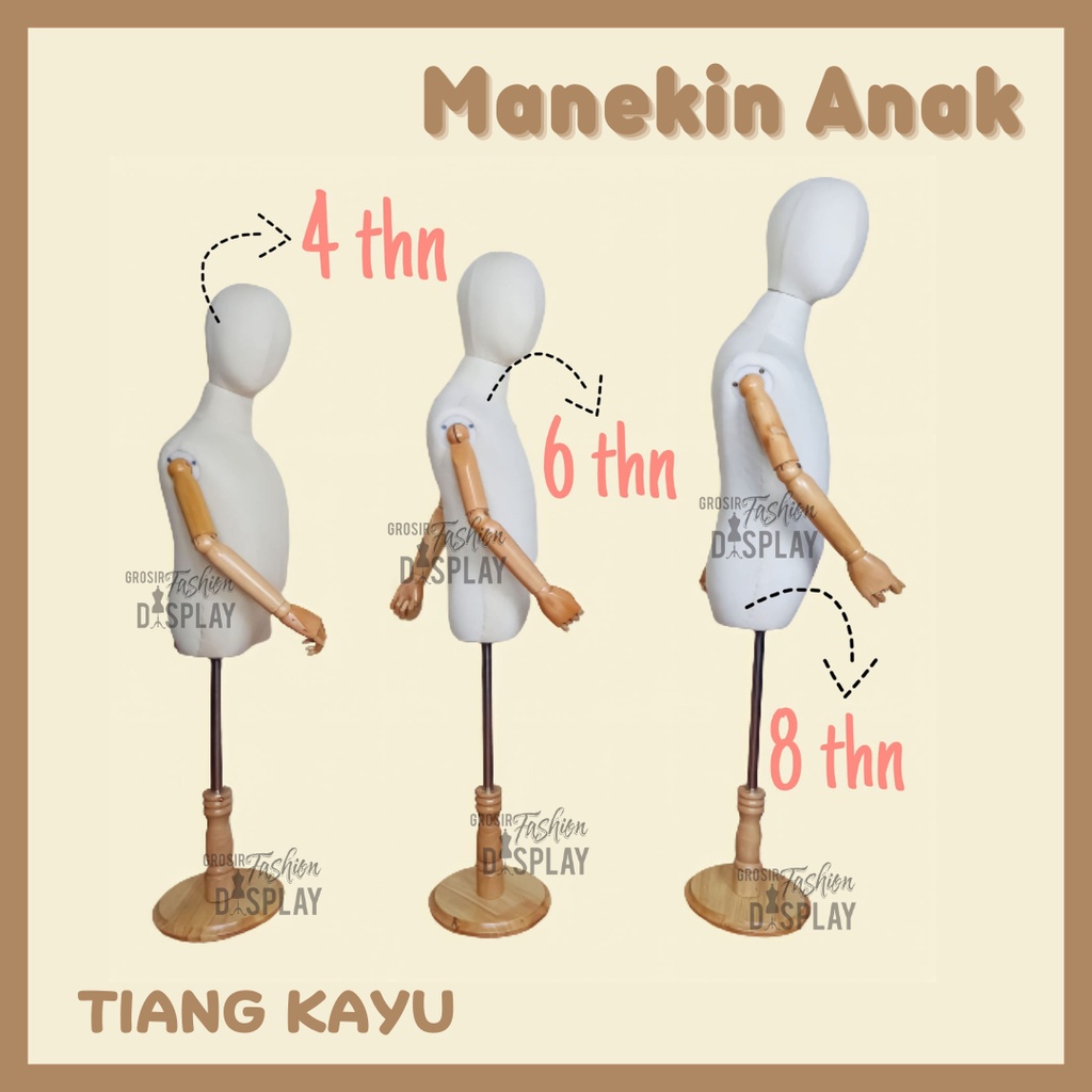 Patung Manekin DM Anak Tangan Robot Tiang Kayu Kepala Foam Display Pakaian Manekin Dummy Anak Patung Anak-BH