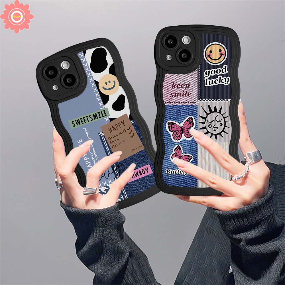 IPHONE Kompatibel Untuk Iphone11 14 13 12 Pro Max 6 6s 8 7 Plus XR 14Plus X XS Max SE 2020 Motif Kupu-Kupu Splicing Smiley Label Lembut Bergelombang Edge Case