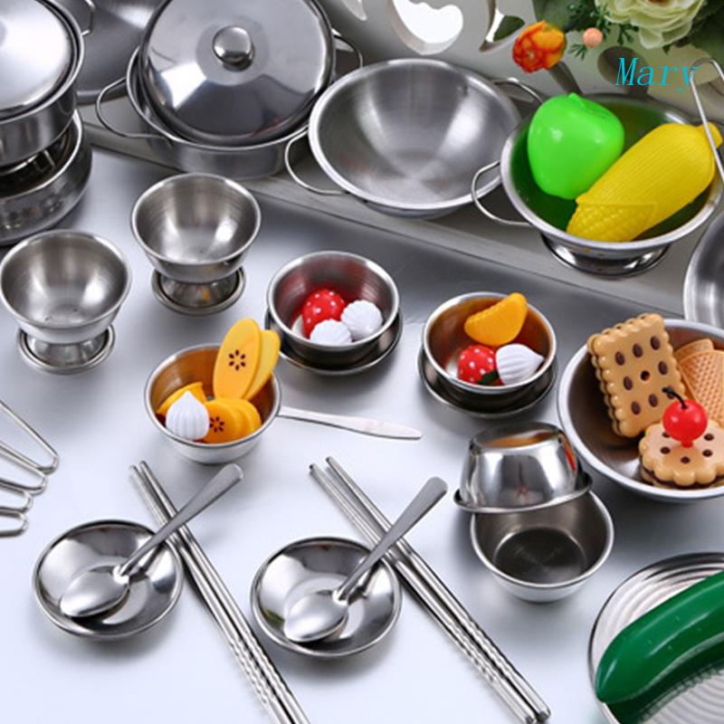 Mary 25Pcs Stainless Steel Mainan Dapur Rumah Anak Anak Berpura-Pura Bermain Peralatan Masak Memasak Playset