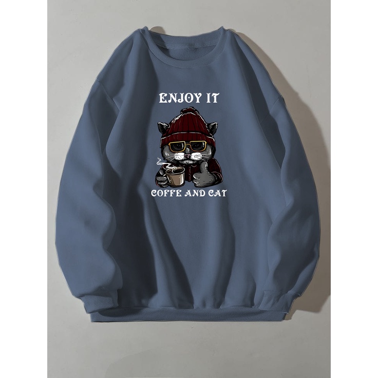 Sweater Crewneck Pria Wanita COFFE AND CAT / Switer Jumper Pria Wanita Bahan Fleece