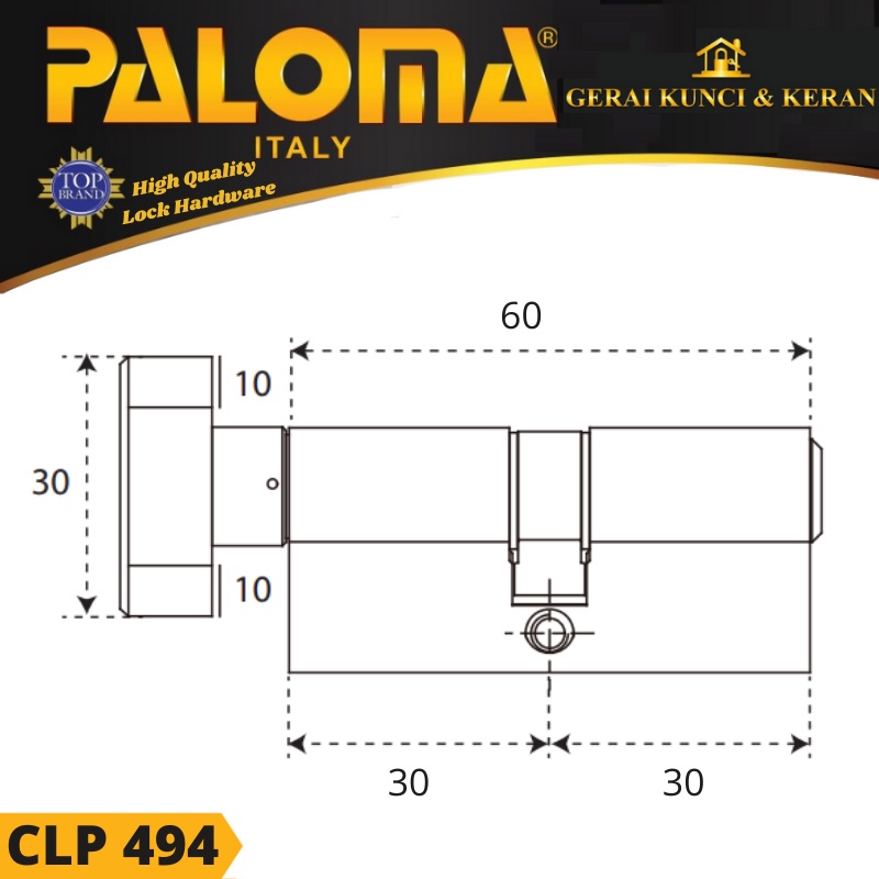 Knob Cylinder PALOMA CLP 494 SUPERIOR KC-SK 60mm SN Standard Key garansi 10 tahun