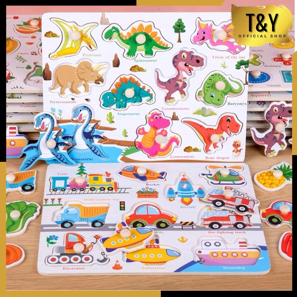 T&amp;Y Wooden Puzzle Gagang Knop Kayu Karakter Lucu Mainan Anak Puzzle Knob Kayu Jigsaw Mainan Edukatif Edukasi Bergambar