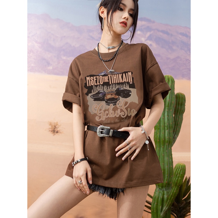 EUNII Brown T-shirt Lengan Pendek Retro Car Printing Korean Style/Kaos Atasan Wanita/Baju Kaus Oversize Wanita/Kaos Wanita