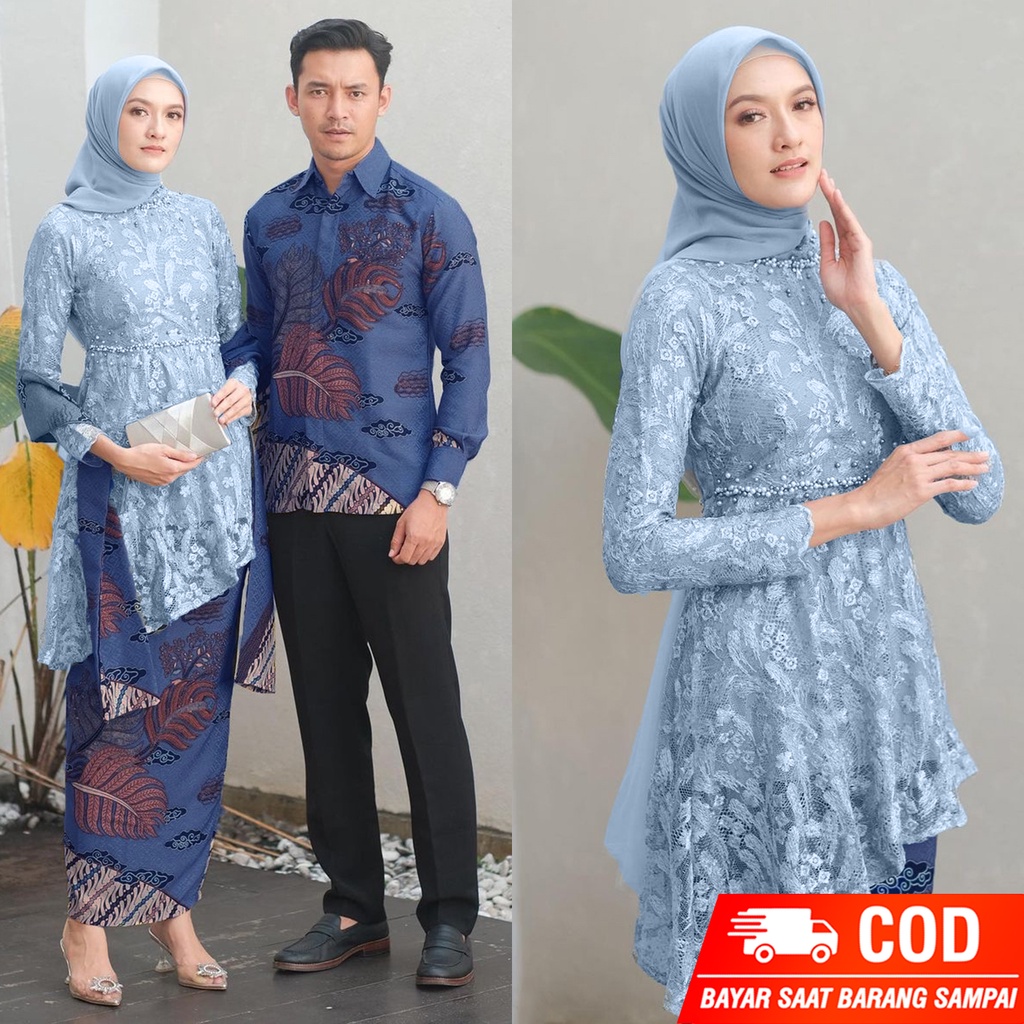 Kebaya Couple Brokat Modern Kebaya Wisuda Set Tunik Brukat Lamaran Tunangan Batik Baju Couple Kondangan Terbaru 2023 Kemeja Pria Lengan Panjang Size M L XL