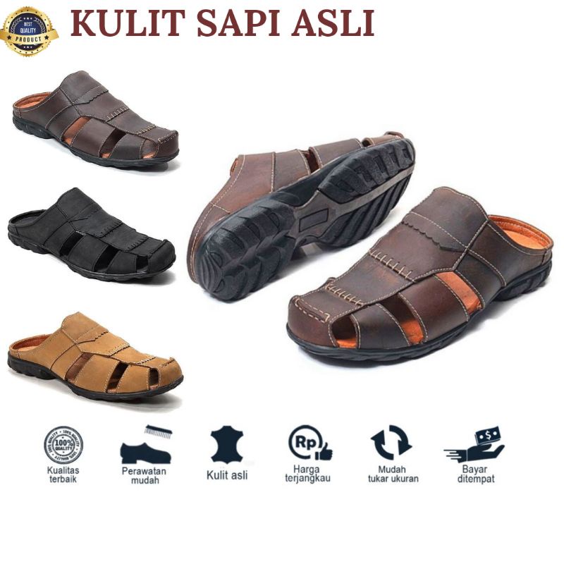 Sepatu Sandal Pria Sandal Slop Pria Bustong Casual Kulit Asli Handmade Sepatu Sandal BT605 Original 