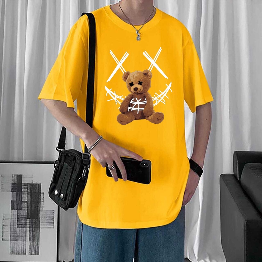 KIYOWO-Baju Atasan Kaos Oversize Motif Bear Lengan Pendek Pria