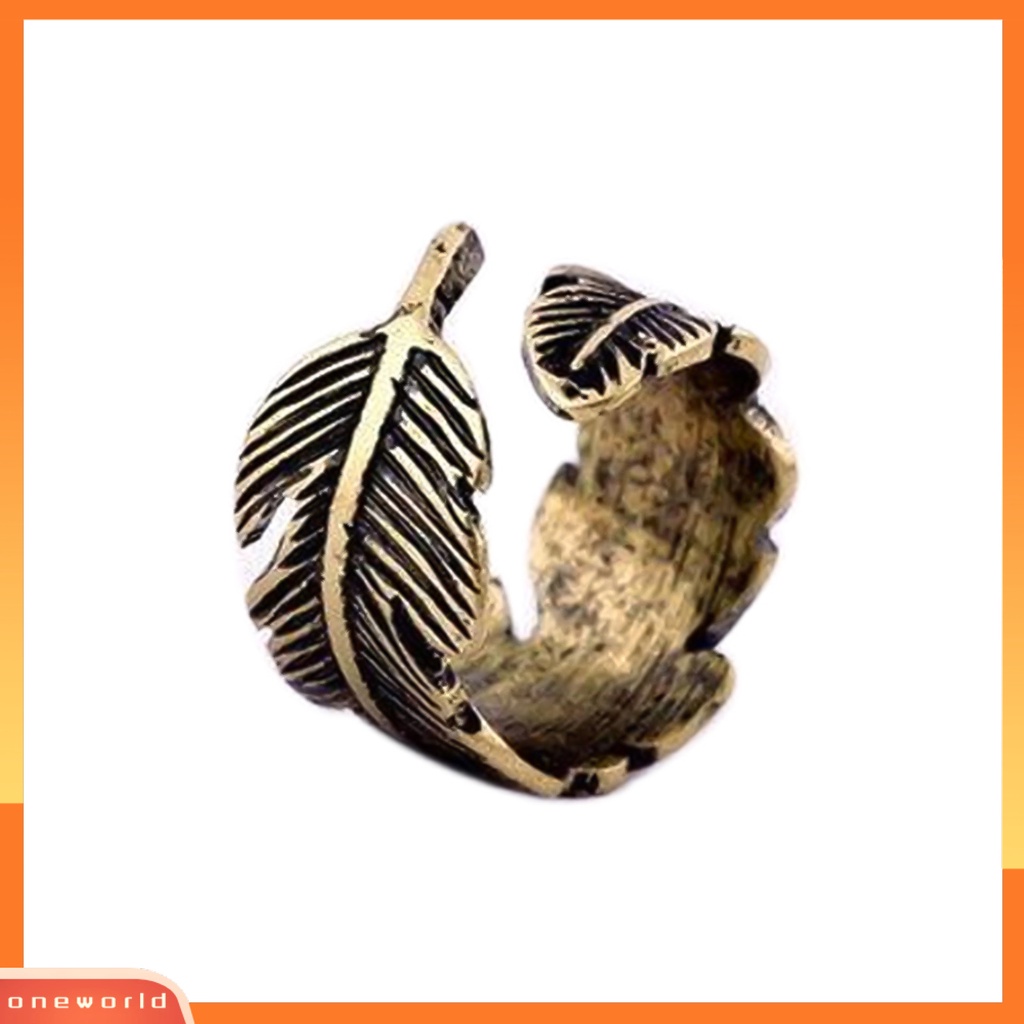 {oneworld} Cincin Terbuka Motif Daun Etsa Bulu Adjustable Bronze Antik Unisex Opening Ring Jewelry Untuk Pesta