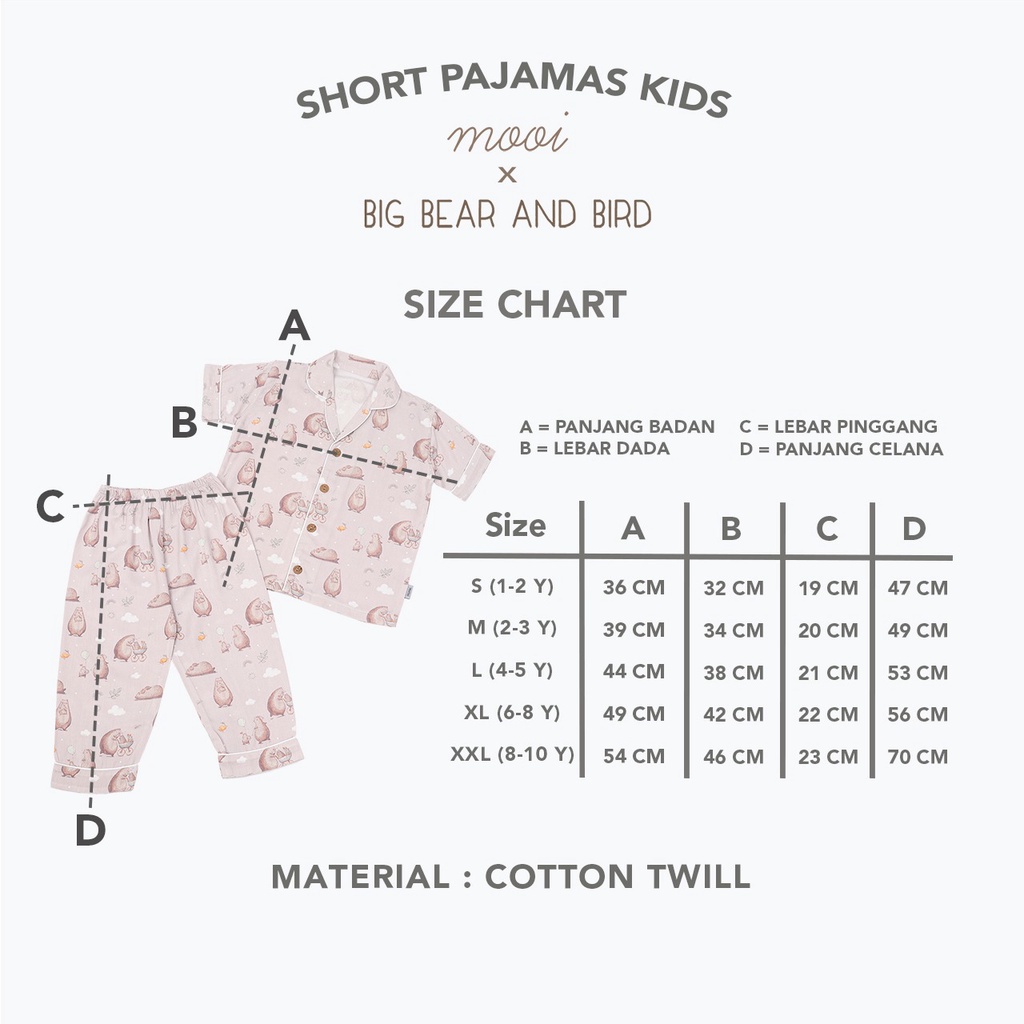 Baju Tidur Bayi Piyama Anak Mooi x Big Bear &amp; Bird  Short Pajamas Kids 1-10 Tahun