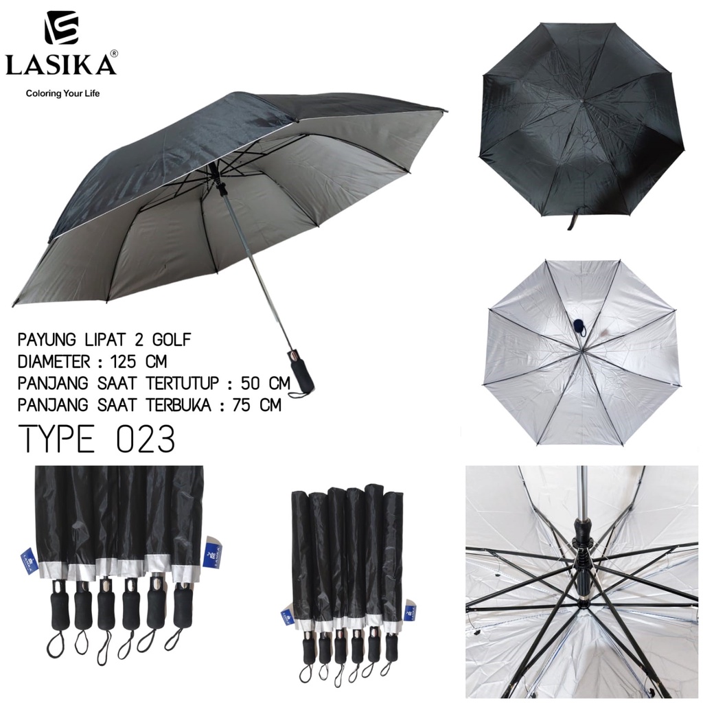[SALE] Payung Lipat 2 Golf Otomatis Buka Lapis Silver Anti UV Free Sarung 023 LASIKA