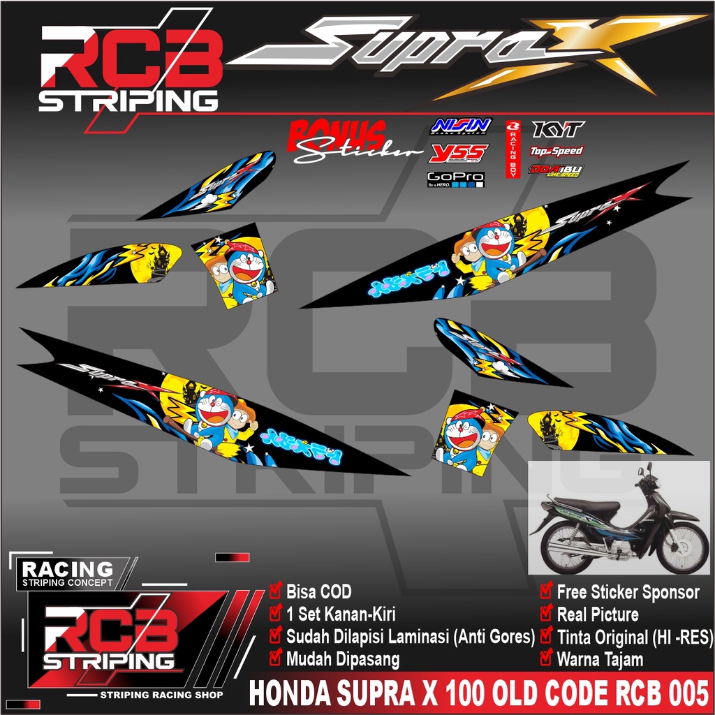 Striping Supra 100 / Supra X / Supra Lama Variasi DORAEMON Stiker Skotlet Motor List CODE RCB 005