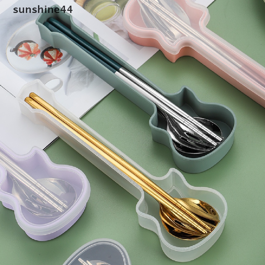 Sunshine 3Pcs Set Alat Makan Garpu Sendok Sumpit Makan Set Travel Sendok Garpu Kotak Gitar.