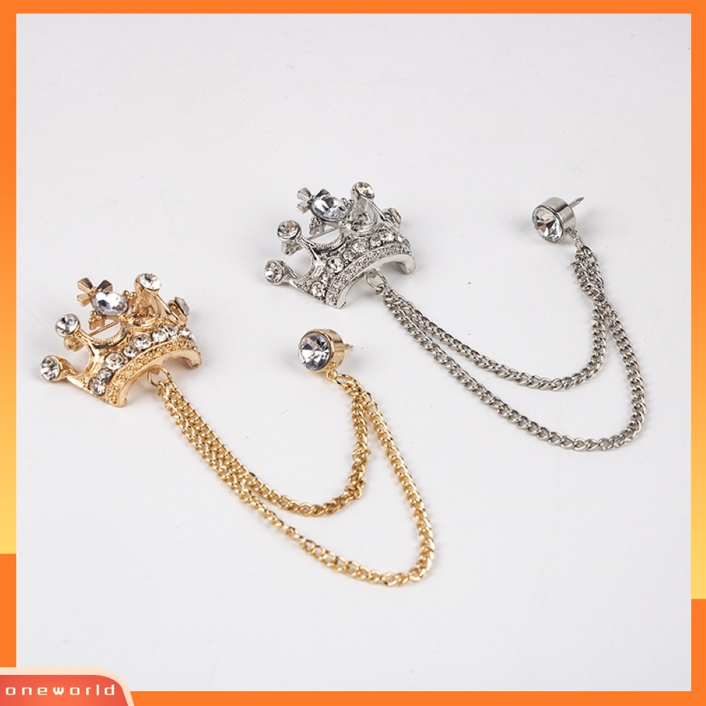 {oneworld} Unisex Bentuk Mahkota Bros Rumbai Rantai Kerah Pin Retro Korsase Aksesori Jas