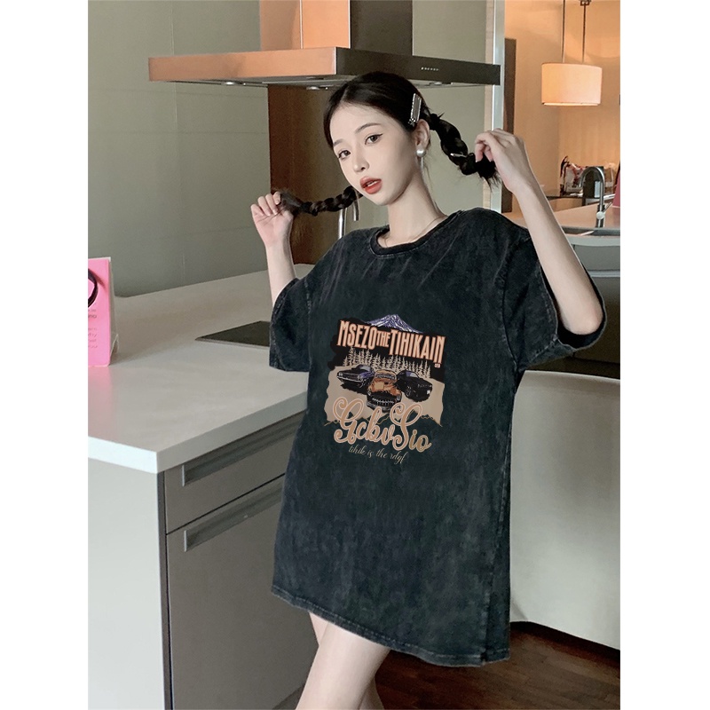 Vintage T-shirt Oversize Hitam Washed Lengan Pendek Car Printing Print T-shirt Hiphop Kaos Hitam