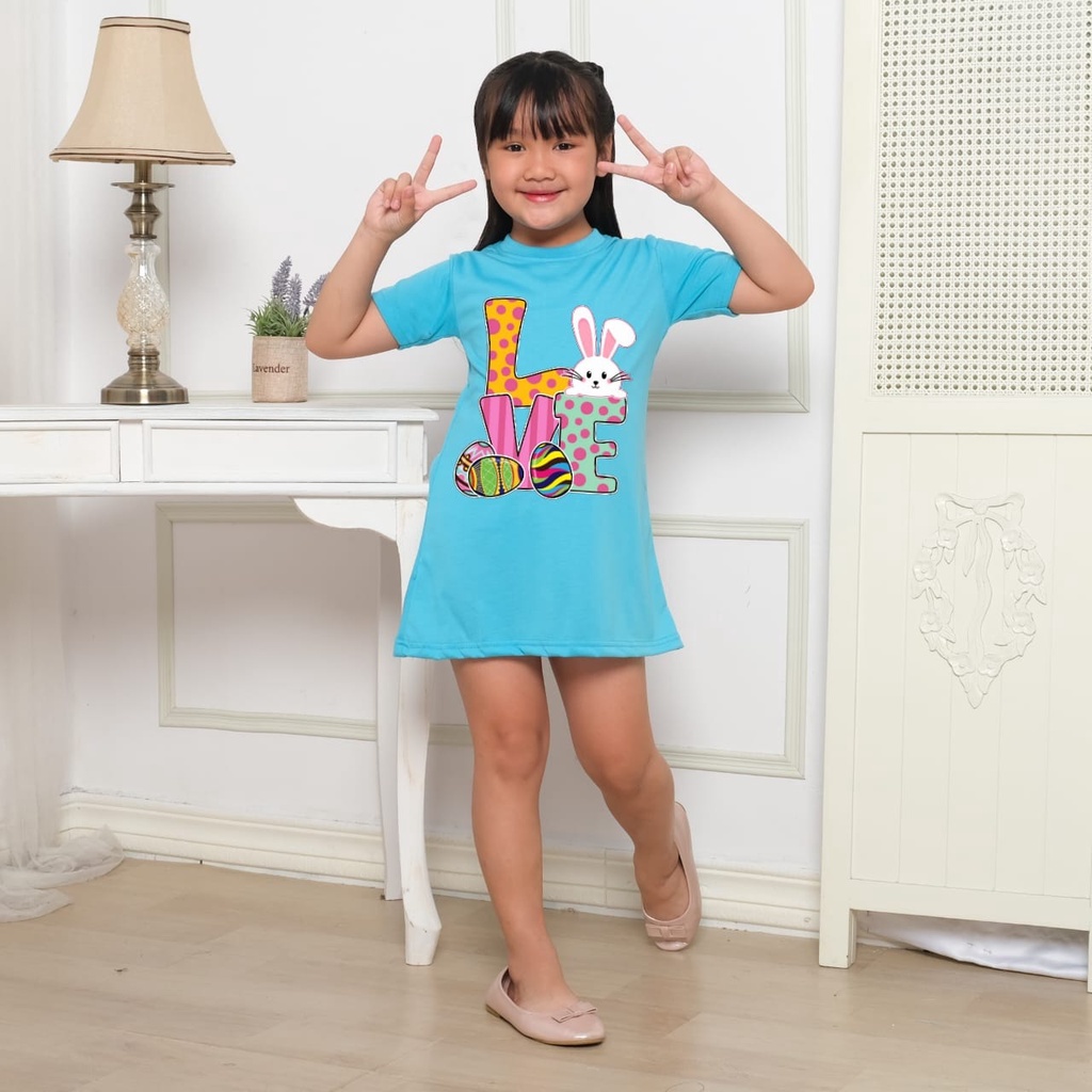 Hzl_outfit Dress For Girl Kids Love Bunny/ Dress Anak Anak Size/ M,L,XL